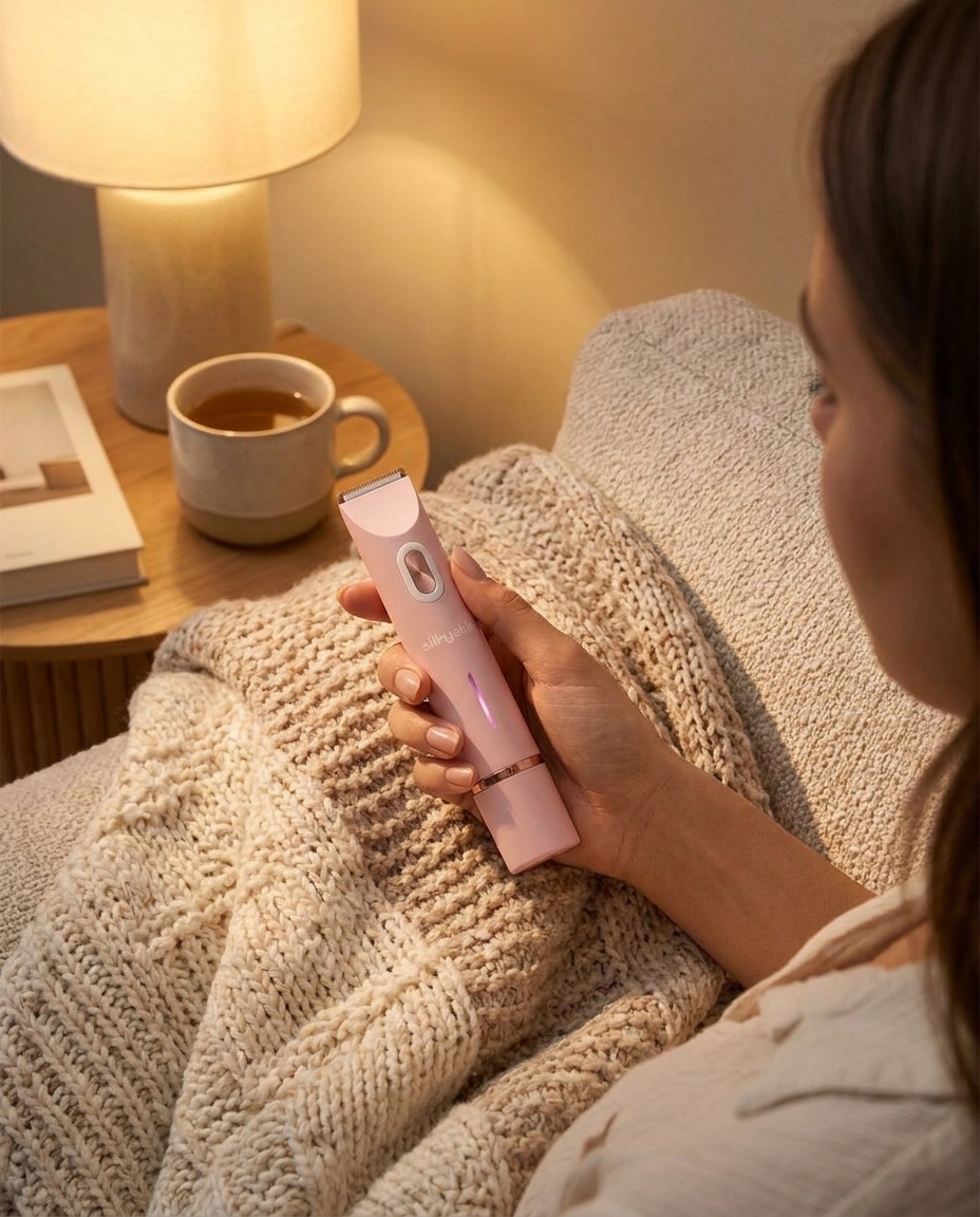 Silkyskin i handen i soffan på kvällen
