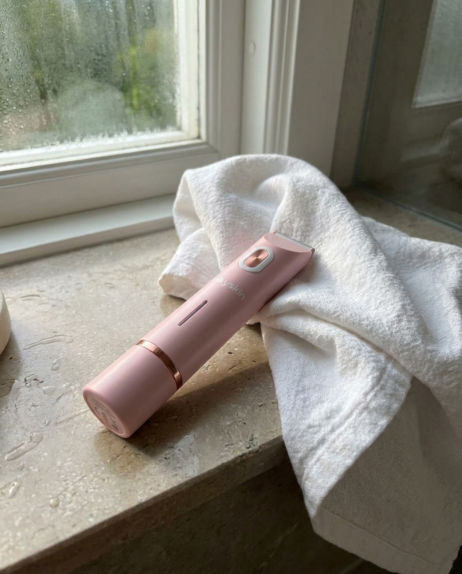 Silkyskin-trimmern på en vit handduk vid badrumsfönstret